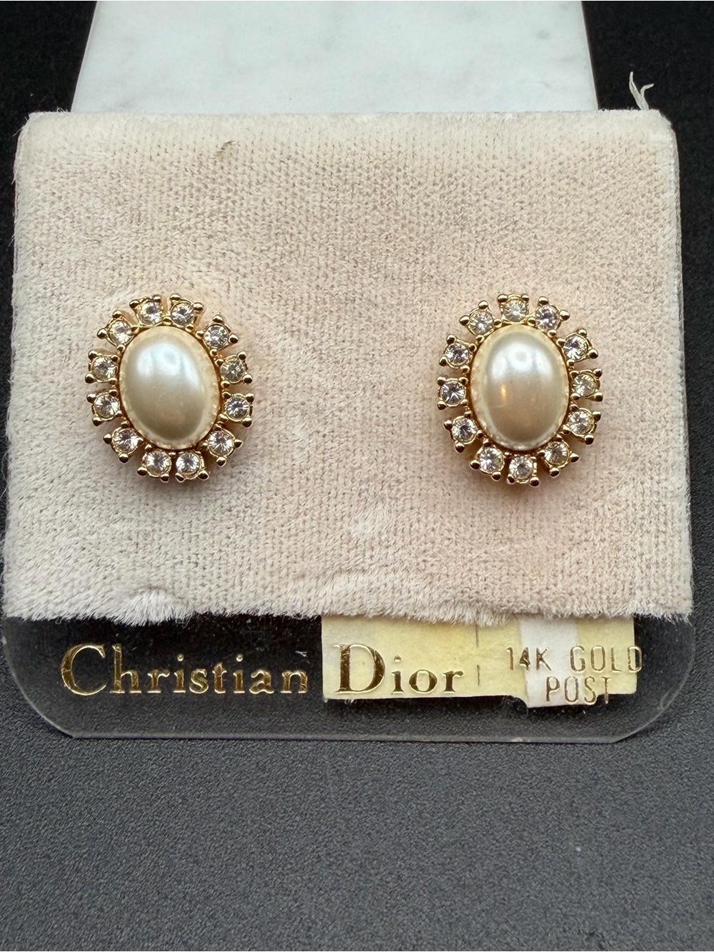 Christian Dior Faux Pearl Rhinestones Gold tone Stud Earrings #827